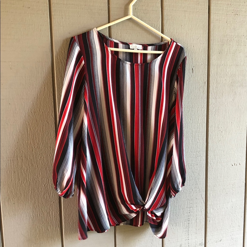 Chenault Burgundy Black Cream Striped Knot-Front Blouse